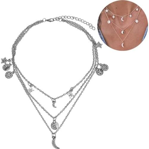 2020 Fashion Gold Color Long Star Moon Necklaces & Pendants For Women Multi Layer Choker Necklace Lace Chain Star Chokers