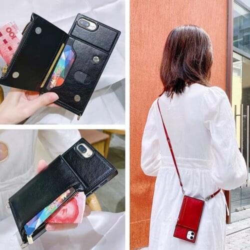 Fashion Crossbody Strap Leather Zipper Wallet Phone Case for iPhone 12 11 SE 2020 XR X XS Max 6 7 8 Plus Card Stand Holder Cover