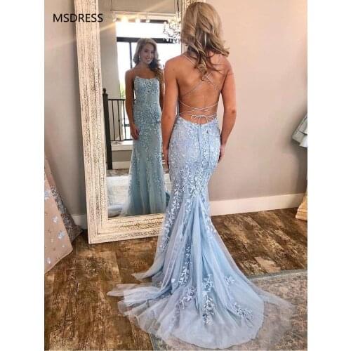 New Style 2019 Spaghetti Strap Backless Pageant Formal Dress Appliques Tulle Sky Blue Mermaid Prom Dresses