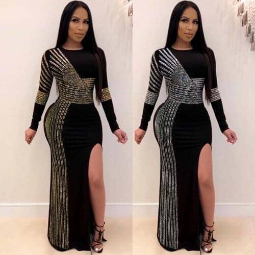 Autumn Winter Women Long Dress Long Sleeve Golden silvery Hot Drilling Open Fork Sexy NightClub Party Dresses Vintage Maxi Dress