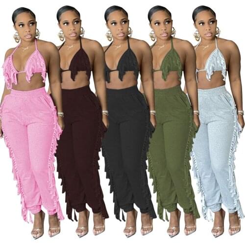 Casaul Women Tassel Two Piece Set Bra + Long Pants Party Night Clubwear Solid Color Tracksuit Backless Outfit