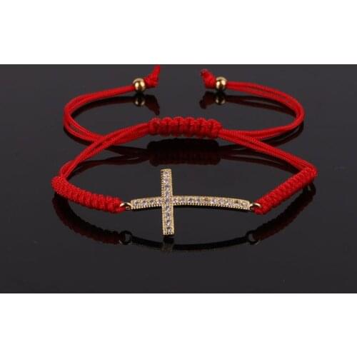 Simple Design CZ Micro Pave Cross Charm Cord Braided Friendship Bracelet Women Men