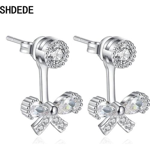 SHDEDE 925 Silver Studs Earrings Bowknot Cocktail Party Fashion Jewelry Korean Female Ladies Accessories Cubic Zirconia -WH79