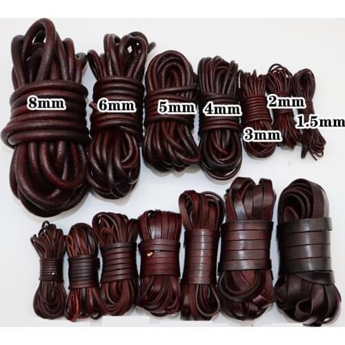 2/3/4/5/6/8/10mm Retro Brown Real Genuine Leather Cord Bracelet Necklace Findings Round Flat Rope String DIY Jewelry Accessories