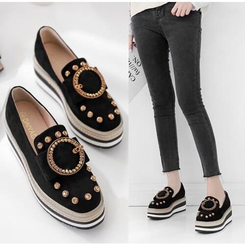Brogue shoes striped creepers wedges moccasins crystal rivets metal buckle slip on platform flats shoes woman student square toe