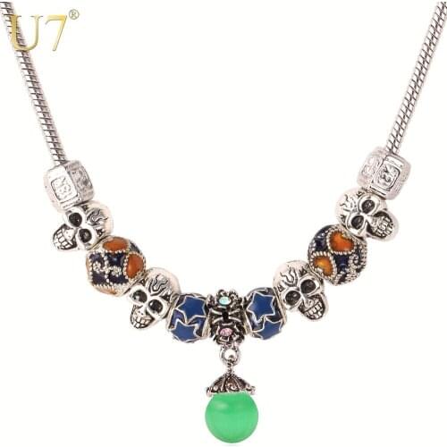 U7 Bohemian Necklace DIY Bead Jewelry Tibetan Silver Color Skeleton Opal Natural Stone Pendants Necklaces For Women P530