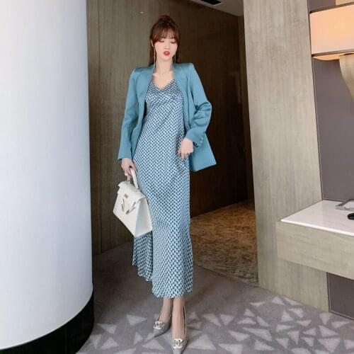 Streetwear Casual Two Piece Set for Women 2020 Blue Open Stitch Blazer and Houndstooth Slip Dress for Ladies 2 Piece Set Autumn