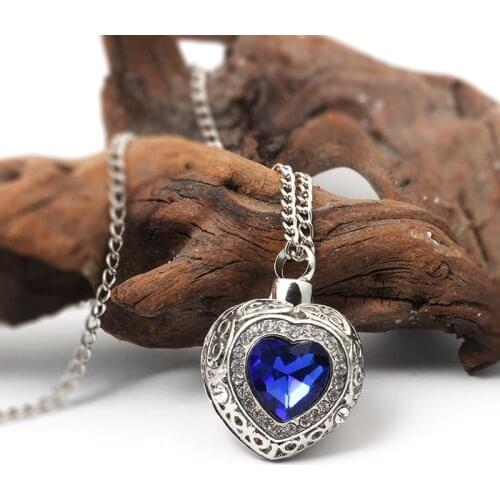 Urn Cremation Heart Blue Crystal Pendant Ash Holder Memorial Necklace Jewelry
