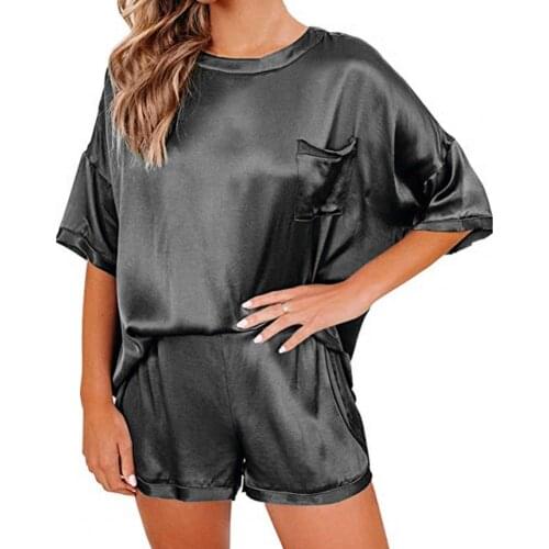 Women Satin Solid Color Short Sleeve Top Shorts Nightwear Pajama Set Bathroom Casual Female Pijama Home Wear Shorts Verano Mujer