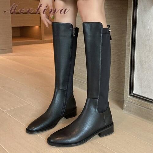 Meotina Women Genuine Leather Boots Platform Thick Med Heel Knee High Boot Round Toe Fashion Ladies Boots Autumn Apricot 33-40