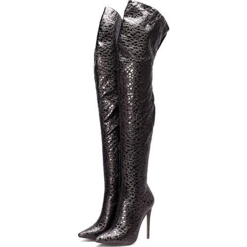 Women Crocodile Print Over The Knee Boots Back Zipper Female Sexy Long Boots Thin High Heel Pointed Toe Party Boots