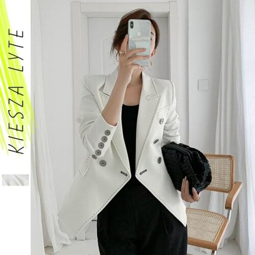Women Office Formal Double Breasted Buttons Blazer 2020 Autumn Female Elegant Ladies White Coat Outerwear