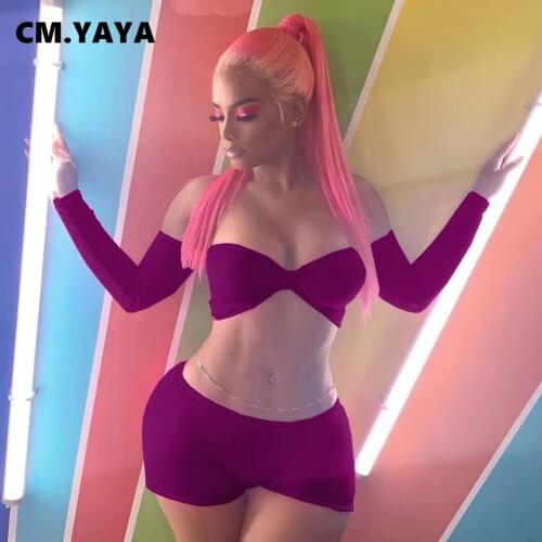 CM.YAYA Women Set Solid Strapless Full Sleeve Super-short Tops Sheath Elastic Shorts 2 Piece Sets Sexy Club Outfit Tracksuit