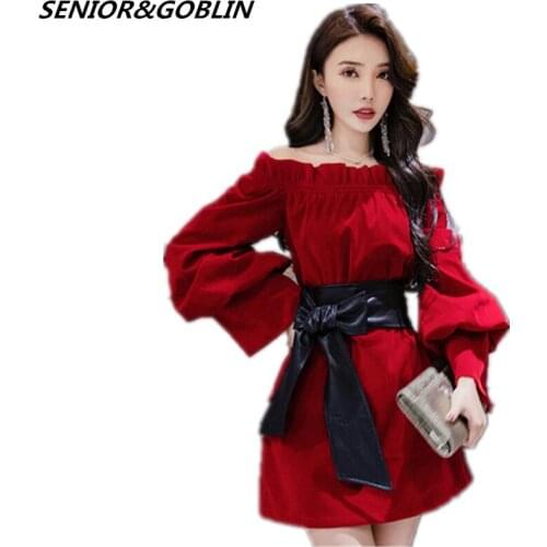 2019 New Autumn Women Runway Sexy Black Dress Spring Long Sleeve Big Bow Pleated Red Off The Shoulder Plus Size Short Mini Dress