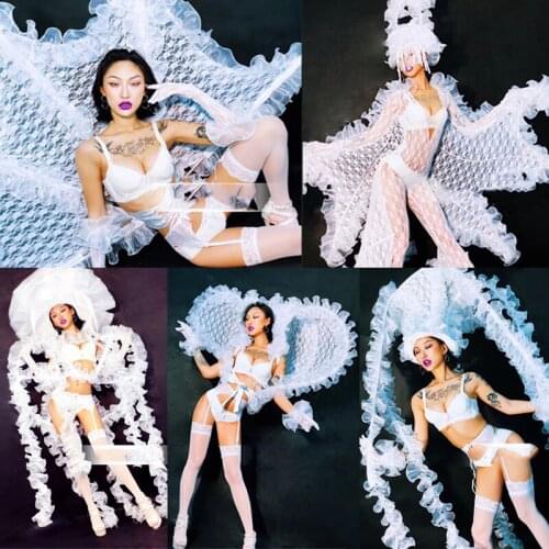 Female Catwalk Show White Lace Dress Festival Clothing Nightclub Party Stage Performance Costumes Rave Outfits 5 Style DWY6088