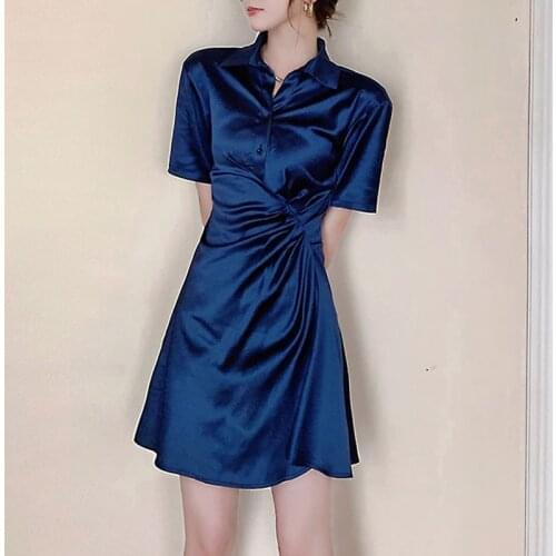 Women Dress Summer 2021 French Elegant High Waist Shirt Skirt Temperament High Sense Of Chic Pleated Blue Party Club Dress