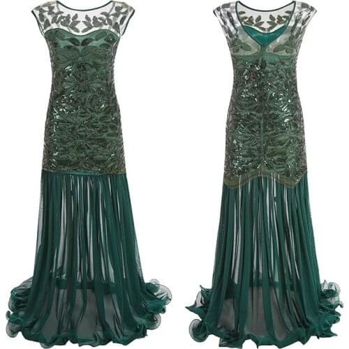 New Women Vintage 1920s Beaded Mesh Patchwork Long Gatsby Flapper Dress O-Neck Sexy Sequin Party Dress Long Gowns De Verao