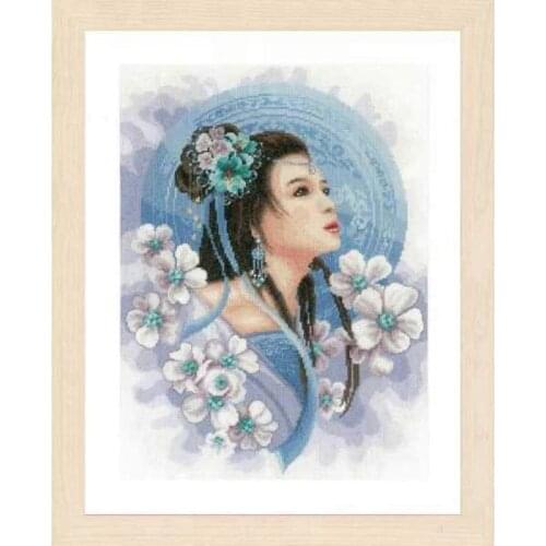 Gold Collection Beautiful Counted Cross Stitch Kit Asian Lady in Blue Princess Girl Woman Lass and Flowers lan 0169168
