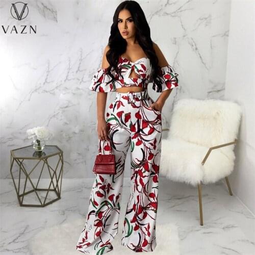 VAZN 2021 Vintage Print High-end Bohemian Chiffon Free Young Short Sleeve Top Long Wide Leg Pants Slim 2PCs Set Women Suits