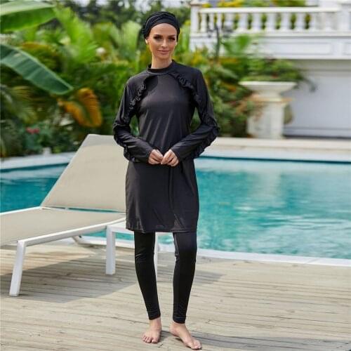 2021 New Fashion Muslim Women Conservative All Black Ruffled Patchwork Plus Size Swimsuit Burkini 3 Pieces Modest Swimwear S-2XL