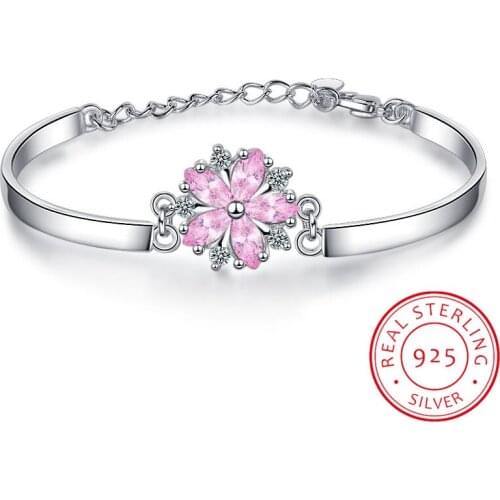 925 Sterling Sliver New Design Pink Crystal Flower Cherry Blossom Bracelets Adjustable Bangle Pulseiras For Women Sweet