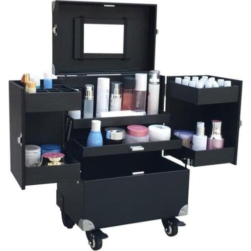 Aluminum PU leater with PVC panel Rolling Makeup Storage Case Cosmetic Train Box Trolley Lockable