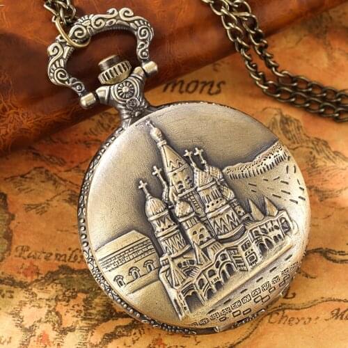 Retro Castle Design Quartz Pocket Watch Bronze Necklace Chain Watch Men Women Collection Vintage Steampunk Pendant Clock Gifts