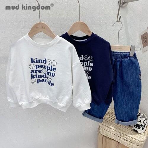 Mudkingdom Boys Girls Pants Set Casual Letter Long Sleeve Pullover Sweatshirts Loose Denim Pants Sets Kids Spring Autumn Outfits