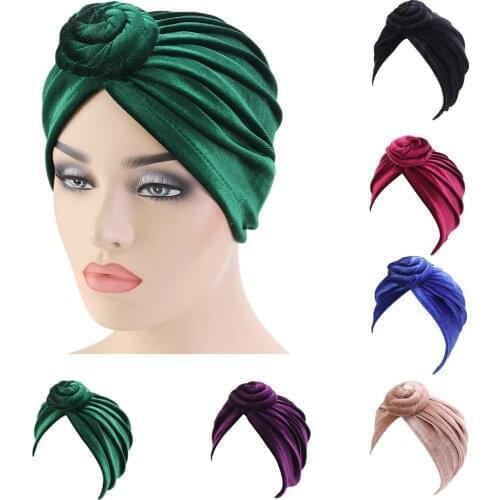 India Women Velvet Turban Hat Hijab Twist Knot Chemo Cap Stretch Beanie Head Wrap Hair Loss Headwear Muslim Cover Bonnet Bonnet