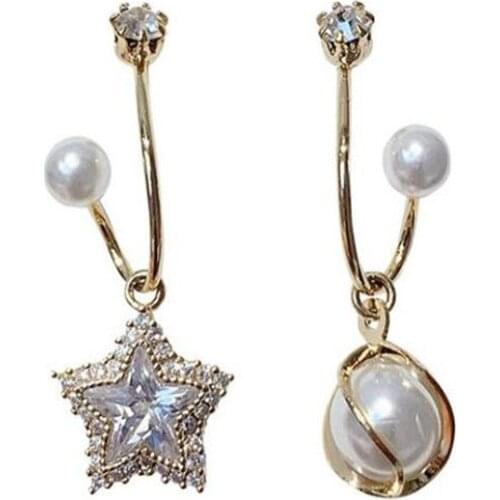 Creative Asymmetric Imitation Pearl Gold Earrings Star Crystal Earrings for Women Korean Style Fashion Jewelry