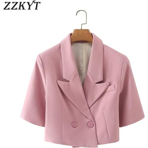 ZZKYT 2021 Women Summer Fashion Pink Pockets Jacket Coat Vintage Short Sleeve Double Breasted Office Lady Female Short Outerwear