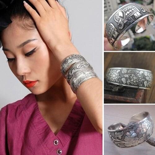 Metal Carved Vintage Ethnic Wide Bangle Tibetan Metal Carved Silver Color Cuffs Women Girl Costume Accessories Birthday Gift