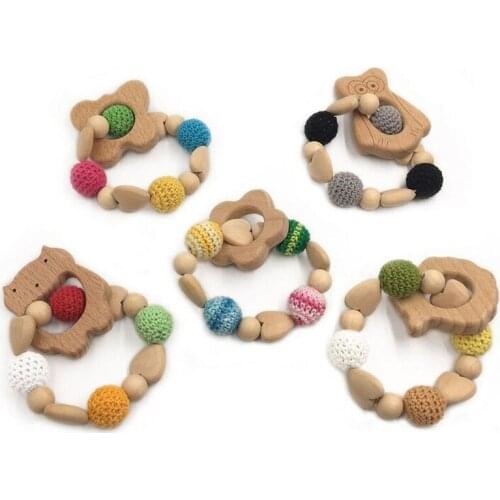 Cute Creative Baby Care Bracelets Wooden Teether Crochet Chew Beads Teething Wooden Rattles Toy Teether Montessori Bracelets