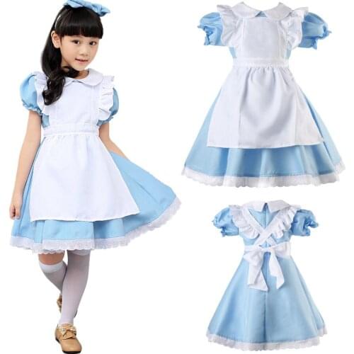 Alice in Wonderland Kids Girls Fancy Dress Maid Lolita Cosplay Costume Outfits Set