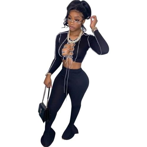 2021 Autumn New Black Matching Sets Sexy Hollow 2 Piece Set Women African Clothing Long-Sleeved Tight-Fitting Flared Pants Suit