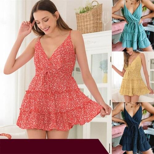 Printed Stitching Hedging Short Dress Suspender Dress Sexy Deep V Sleeveless A-line Floral Dress Spring Summer