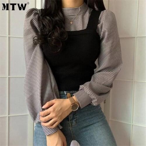 Elegant Turtleneck Office Shirt 2020 Autumn Long Sleeve Slim Blouses And Knitted Short Vest Two Piece Set Korean Plaid Tops