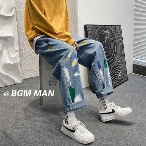 Blue Denim Pants Men Graffiti Jeans New Straight Jean Pants Man Casual Baggy Neutral Denim Trousers Mens and Womens Pants