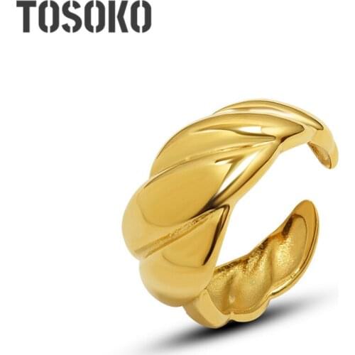 TOSOKO Stainless Steel Jewelry Wide Face Thick Thread Opening Ring Female Hip Hop Ring BSA210