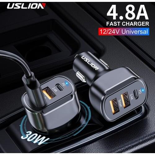 USLION 30W Car Charge PD 3 Ports USB QC4.0QC3.0 Type C Fast Charge For Xiaomi Huawei Samsung Mobile Phone Charger Adapter in Car