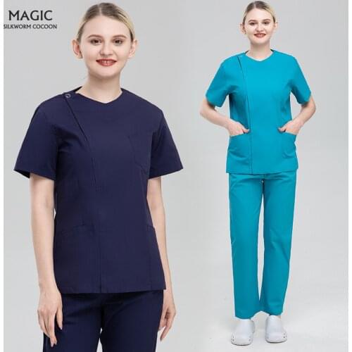 High Quality Frosted V-neck Short-sleeve Medical Top Beauty Salon Elastic Waist Pant Unisex Pharmacist Nursing Uniform Wholesale