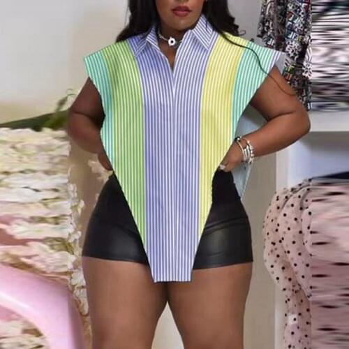 Lady Fashion Street Style Buttons Up Stripe Shirt Tops Women Turn-down Collar Casual Fashion Streetwear Summer Clothing