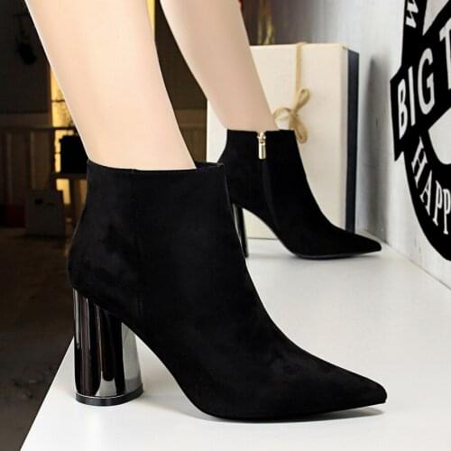 BIGTREE 2020 New Flock Ankle Boots Women For Autumn Winter Fashion Pointed Toe heel Zipper Woman Chelsea Boots Plus size 34-40