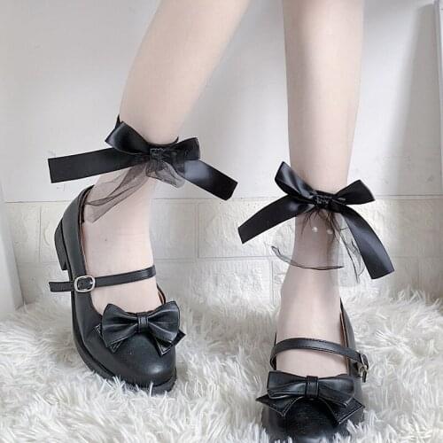 Women Japanese Soft Girl Cute Socks Lolita Socks with Bow Cute Student Lovely Lolita Lace Pearl Glass White Crew Socks Designer