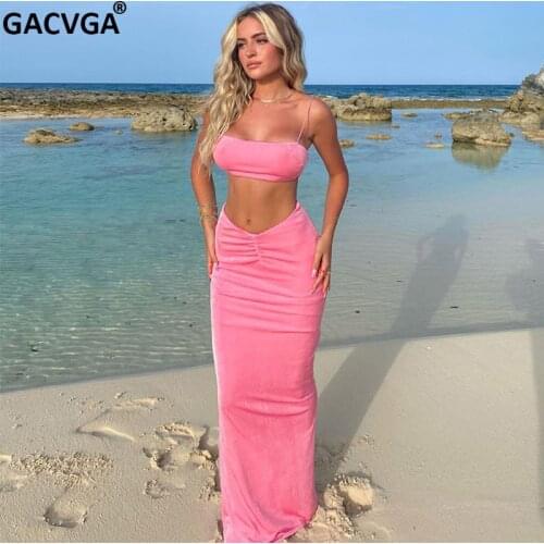 GACVGA Strapless Sexy Crop Top and Long Skirt Ruched Maxi Dress Suits 2021 Summer Tops Two Piece Set Women Beach Party Clothes