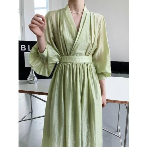 New Autumn Lantern Sleeves Women Long Dresses V-Neck Casual Hip Hop Retro Green Color Lady Dress Vestidos