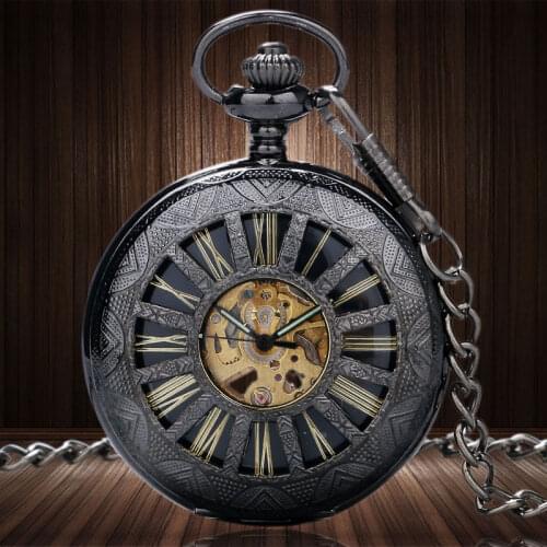 2 Type Vintage Charm Black Wheel Hollow Hand Winding Mechanical Pocket Watch Fob Chain Pedant Women Men Birthday Gifts P890-1C