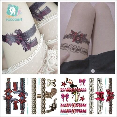 6Pcs Big size Lace Temporary Tattoo Sticker Sexy Lace Gun Bowknot Design Women Body Art Water Transfer Big Leg Fake Tatoo