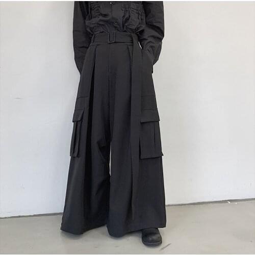 2021 New Loose Casual Wide Leg Cargo Pants Male Streetwear Hip Hop Punk Gothic Harem Belt Trousers Kimono Straight Skirt Pants
