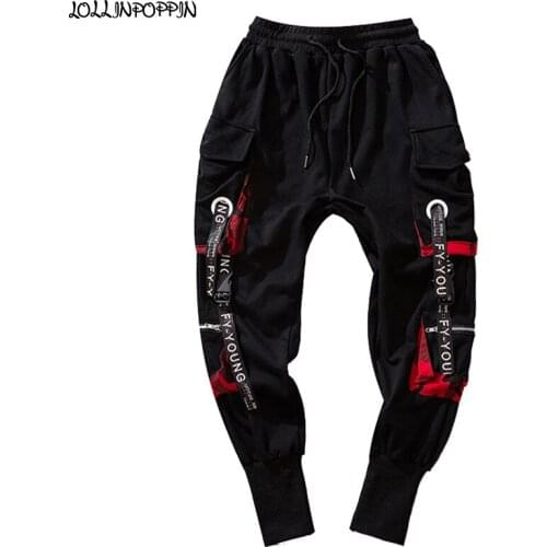 Punk Men Black Sweatpants Streetwear Buckle Straps Mens Casual Jogger Pants Elastic Waist Multi-Pockets Ankle Length Cargo Pants